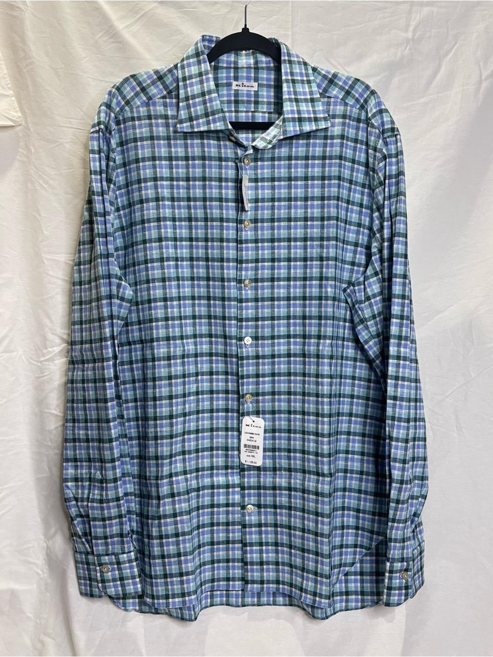 Kiton Blue and Green Plaid Linen Blend Button-Down Shirt Sz 2XL